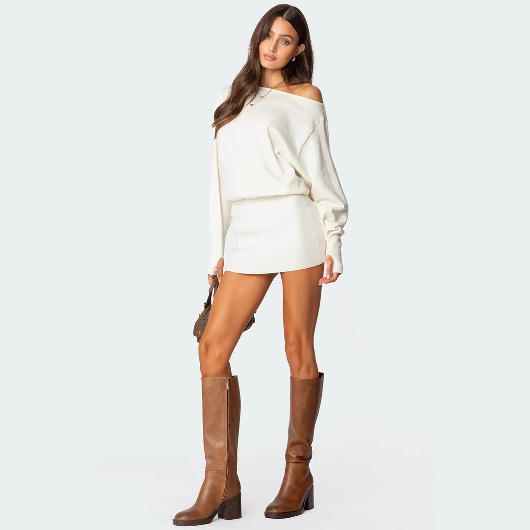 Damen lässiges Strickkleid mit asymmetrischem Ausschnitt und tailliertem Bund R&B