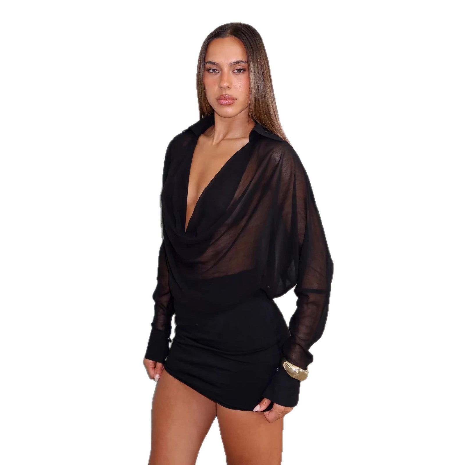 Damen Langärmliges Schmeichelkleid mit sexy V-Ausschnitt und Wickeldetail R&B