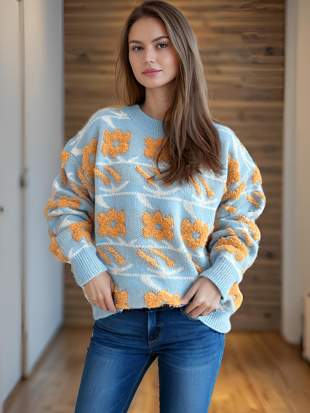 Damen Strickpullover mit floralem Muster und lässigem Schnitt R&B
