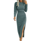 Damen Elegantes Langarm-Midikleid mit seitlichem Schlitz und gerafftem Design R&B
