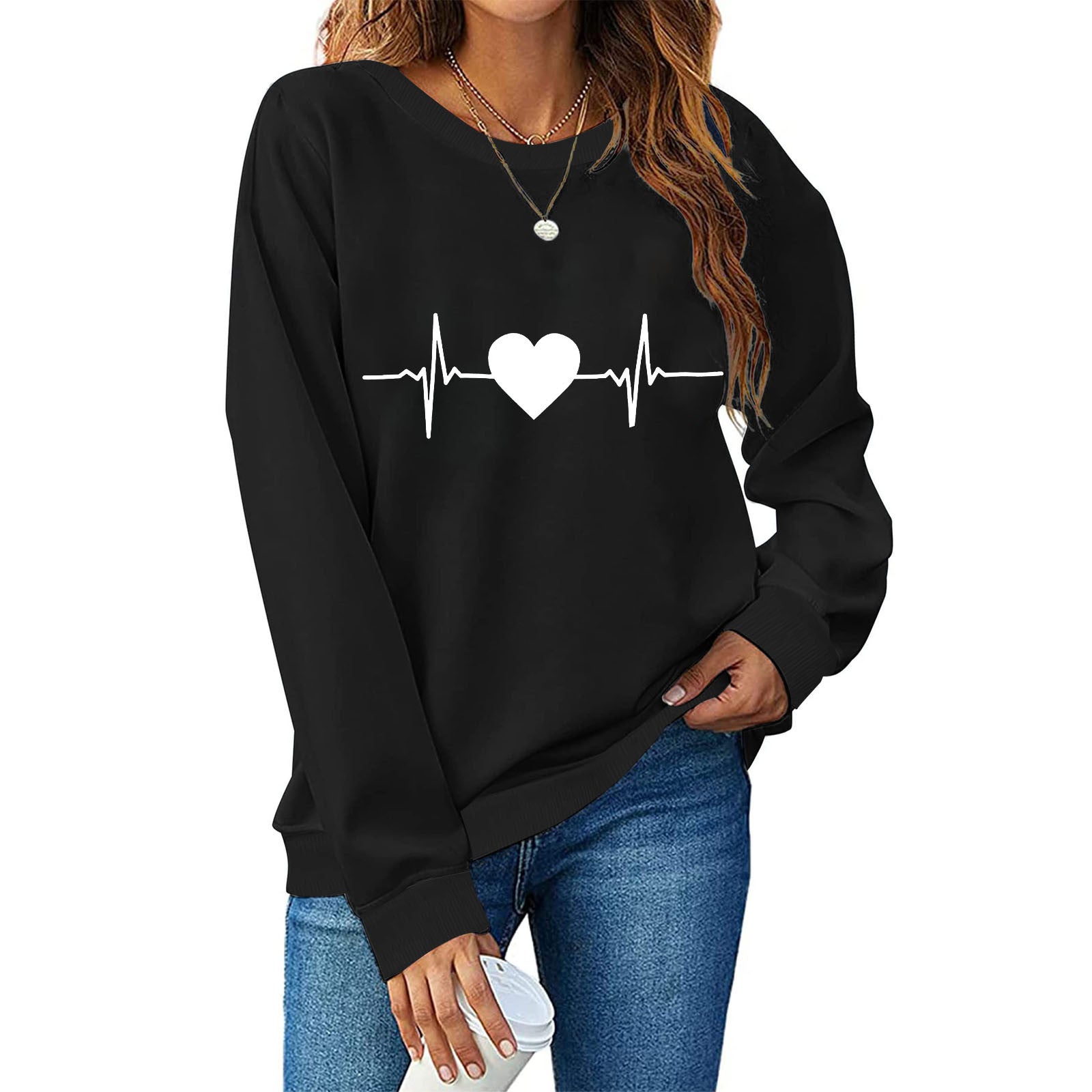Damen Sweatshirt mit kreativem Herzschlag-Design R&B
