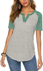 Damen lässiges Kurzarm-Henley-Shirt mit Knopfleiste R&B