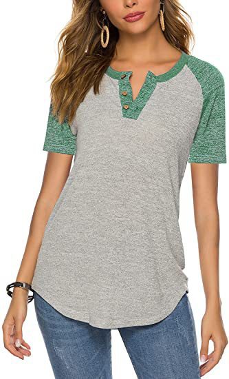Damen lässiges Kurzarm-Henley-Shirt mit Knopfleiste R&B