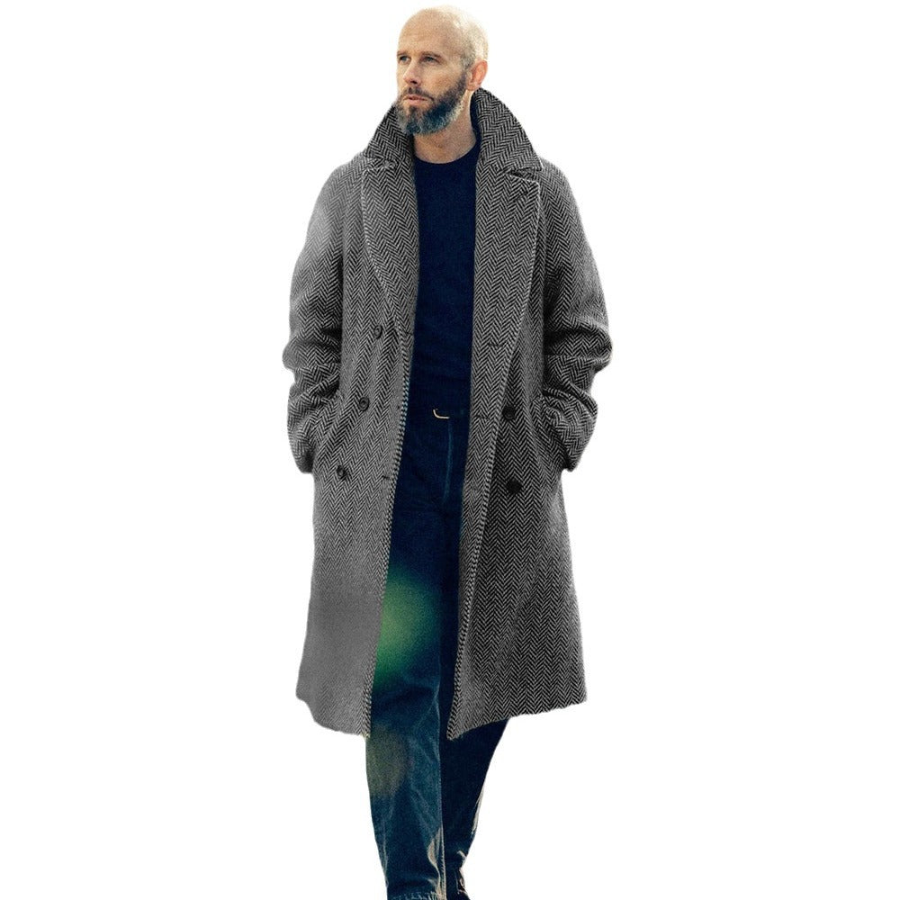 Herren Eleganter Wollmantel im klassischen Hahnentrittmuster mit Gürtel R&B