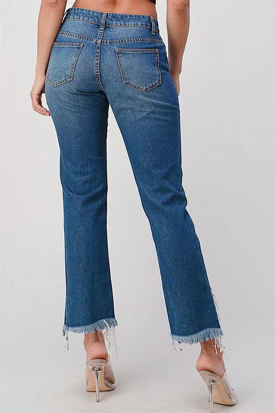 Damen modische Jeans mit Sternen-Design und fransigem Saum R&B