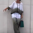 Damen lässiges Leinen-Outfit mit weiten Hosen und lockerer Bluse