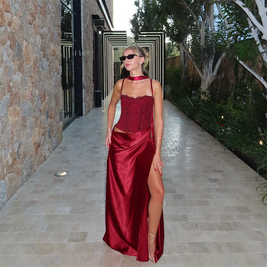 Damen elegantes Maxikleid mit Spitzenoberteil und fließendem Rock R&B