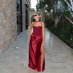 Damen elegantes Maxikleid mit Spitzenoberteil und fließendem Rock R&B