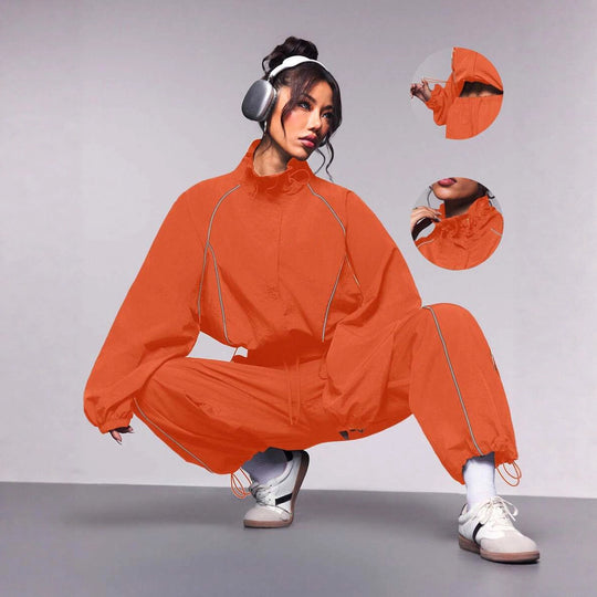 Damen sportliches Windbreaker-Oberteil mit elastischem Bund und modernem Reißverschluss R&B