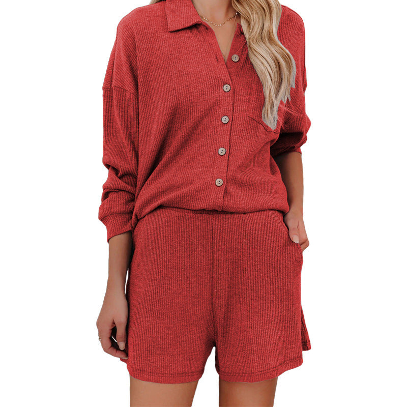 Damen Freizeitanzug mit lässiger Button-Down-Bluse und Shorts R&B
