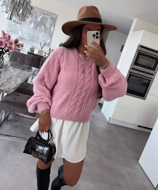Damen Grobstrickpullover mit voluminösen Ärmeln und romantischem Zopfdesign R&B