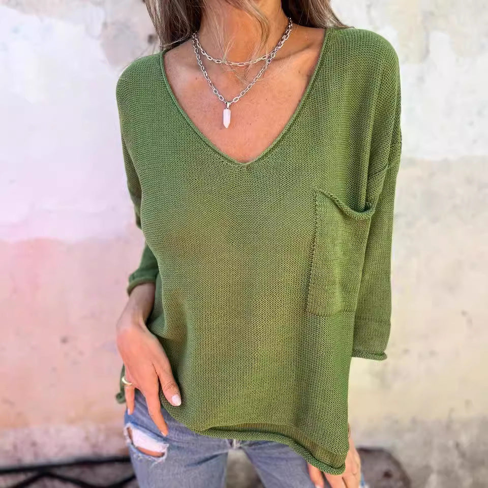 Damen legerer V-Ausschnitt Pullover mit praktischer Tasche