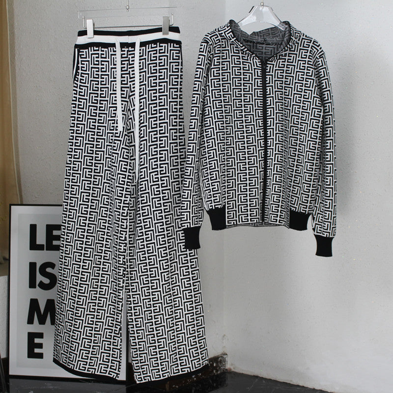 Damen modisches Strick-Loungewear-Set mit grafischem Muster R&B