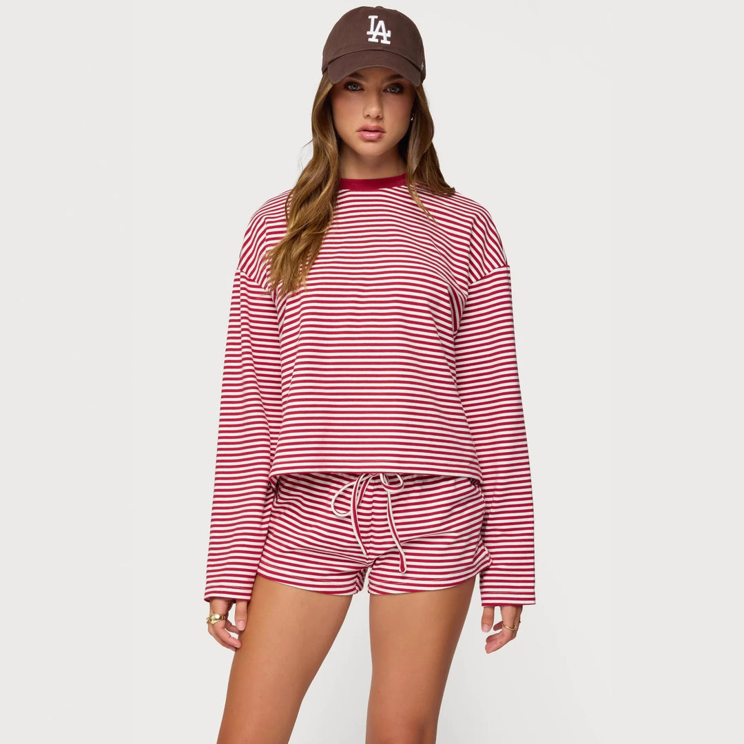 Damen Lässiges Streifen-Loungewear-Set mit langärmligem Oberteil und kurzer Hose R&B