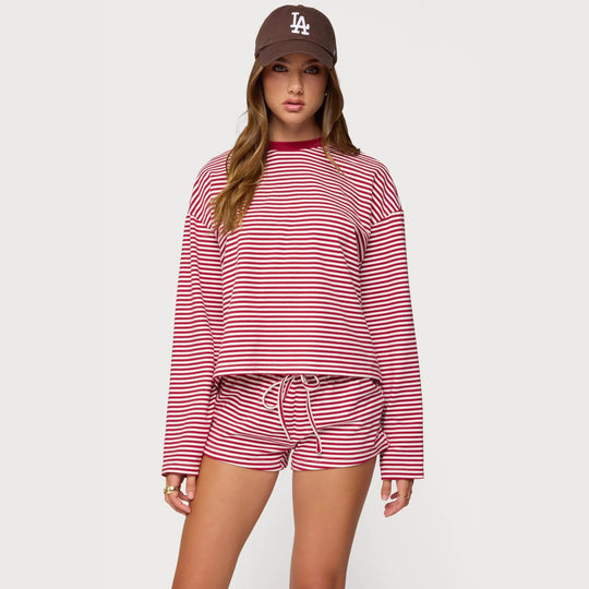 Damen Lässiges Streifen-Loungewear-Set mit langärmligem Oberteil und kurzer Hose R&B