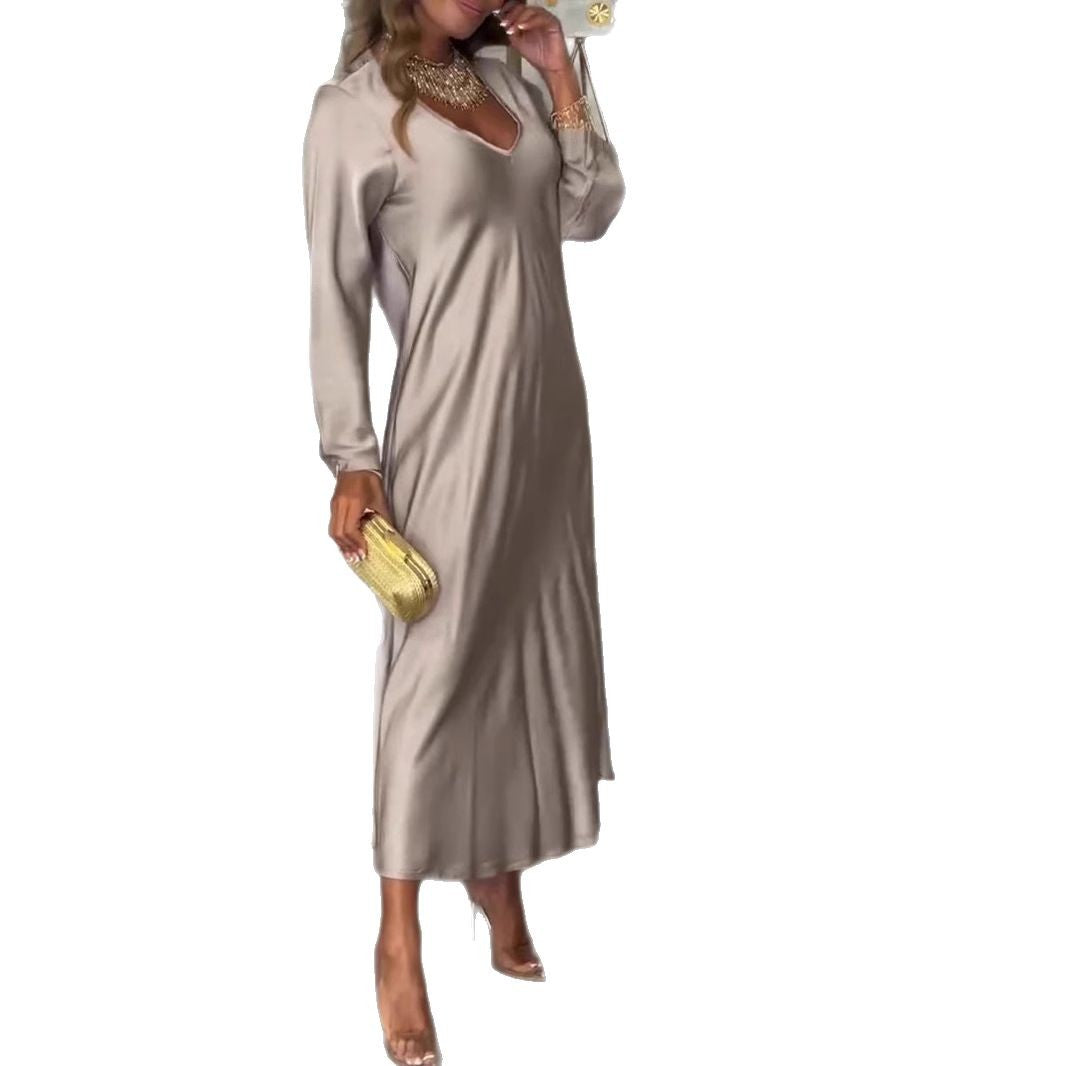 Damen elegantes Maxikleid mit tiefem V-Ausschnitt und fließendem Schnitt R&B