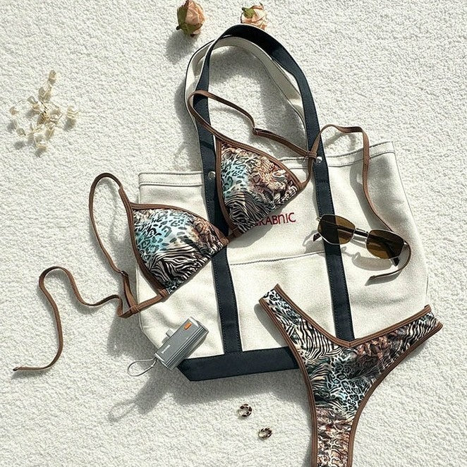 Damen Triangel-Bikini mit aufregendem Leopardenmuster und verstellbaren Trägern R&B