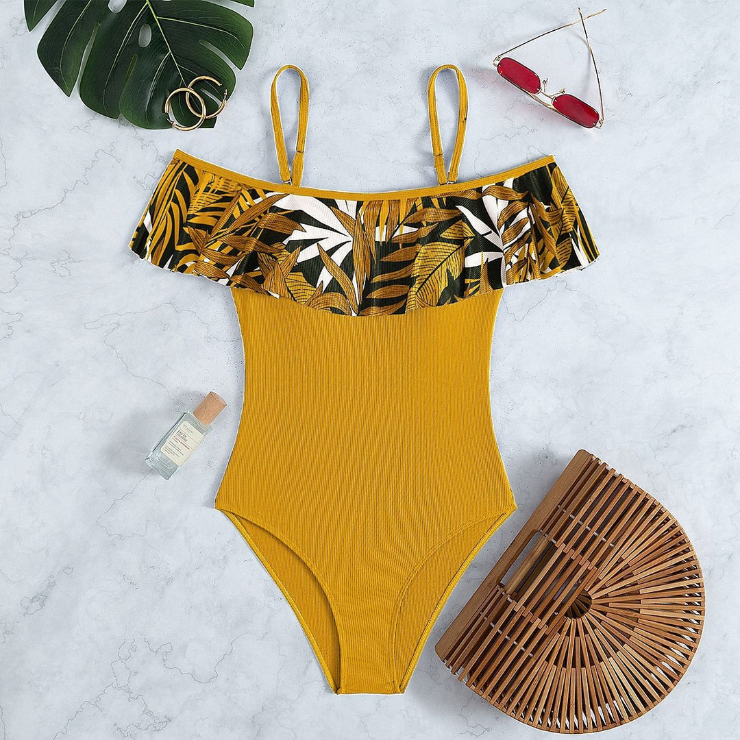 Damen Off-Shoulder Badeanzug mit voluminösem Rüschendesign R&B