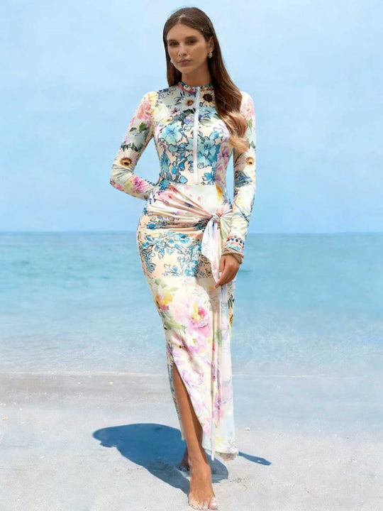 Damen Elegantes Langarm-Strandkleid mit floralem Design R&B