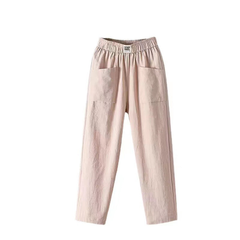 Damen nan lässige Leinenmix-Hose mit elastischem Bund, geradem Bein und großen aufgesetzten Taschen R&B