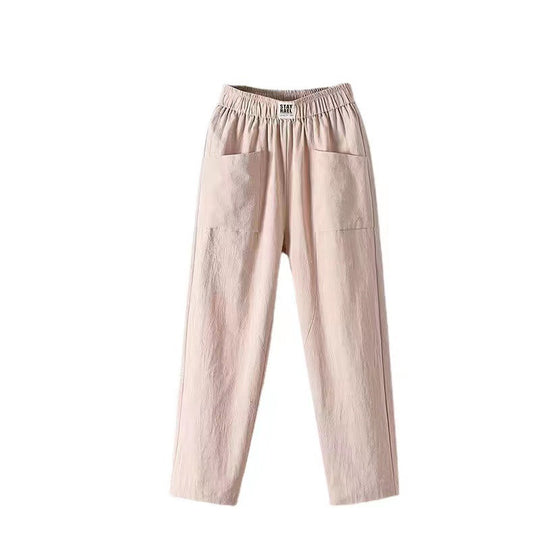 Damen nan lässige Leinenmix-Hose mit elastischem Bund, geradem Bein und großen aufgesetzten Taschen R&B