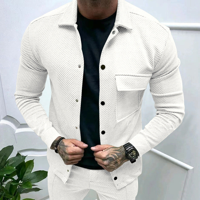 Herren nan schlanke Rippenstruktur-Überhemdjacke mit Druckknopfverschluss und Brustklappe R&B