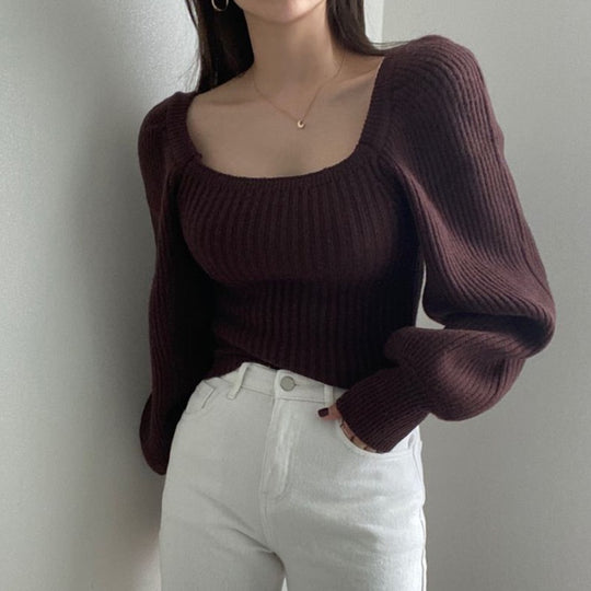 Damen Feinstrickpullover mit modernem Quadrat-Ausschnitt und weit geschnittenen Ärmeln R&B