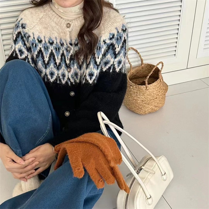 Damen Grobstrick Cardigan mit geometrischem Fair-Isle-Muster und eleganter Knopfleiste R&B