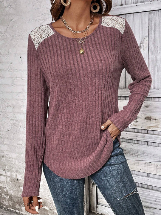 Damen Langarmshirt mit feiner Struktur und Spitzenakzenten R&B