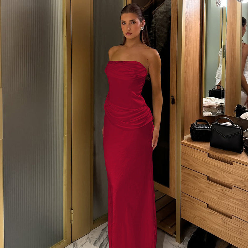 Damen elegantes Maxikleid mit raffiniertem Drapé und schulterfreiem Design R&B