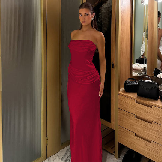 Damen elegantes Maxikleid mit raffiniertem Drapé und schulterfreiem Design R&B