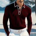 Herren nan schmal geschnittenes Rippstrick-Poloshirt mit Langarm, Kontrastpaspel und feiner Struktur R&B
