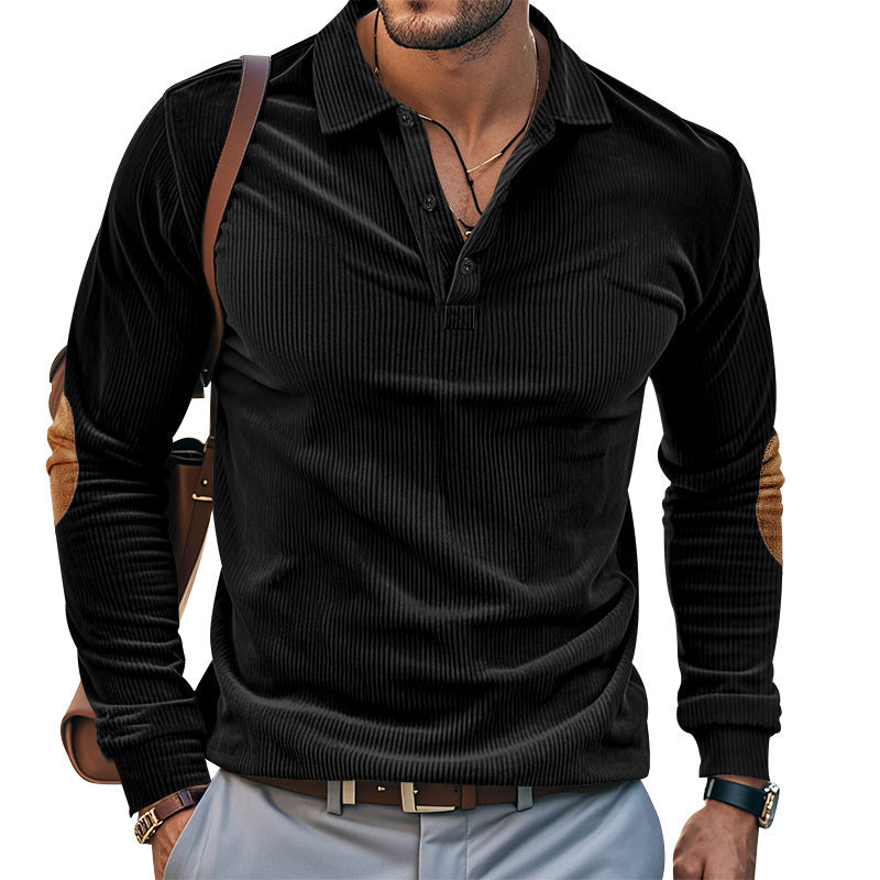 Herren lässiges Langarm-Henley-Shirt mit strukturiertem Rippenstoff und kontrastierenden Ellbogenpatches R&B