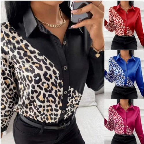 Damen Satinbluse mit asymmetrischem Leo-Design und glamouröser Knopfleiste R&B