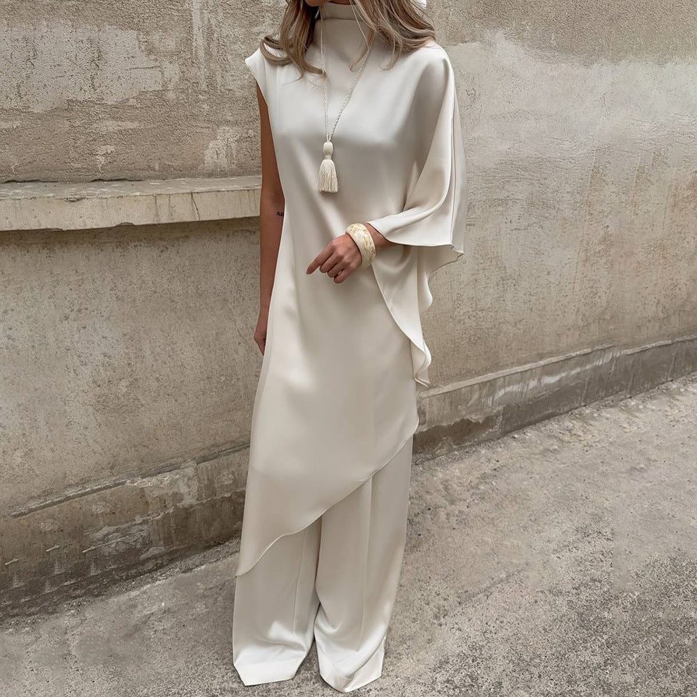 Damen Elegantes asymmetrisches Kleid mit hohem Kragen und seitlichem Schwung R&B