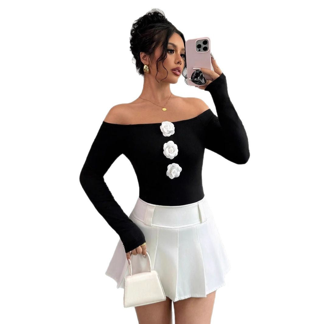 Damen Off-Shoulder Shirt mit dreidimensionalen Rosenapplikationen R&B