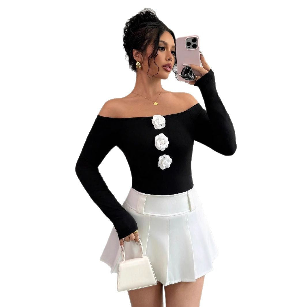 Damen Off-Shoulder Shirt mit dreidimensionalen Rosenapplikationen R&B