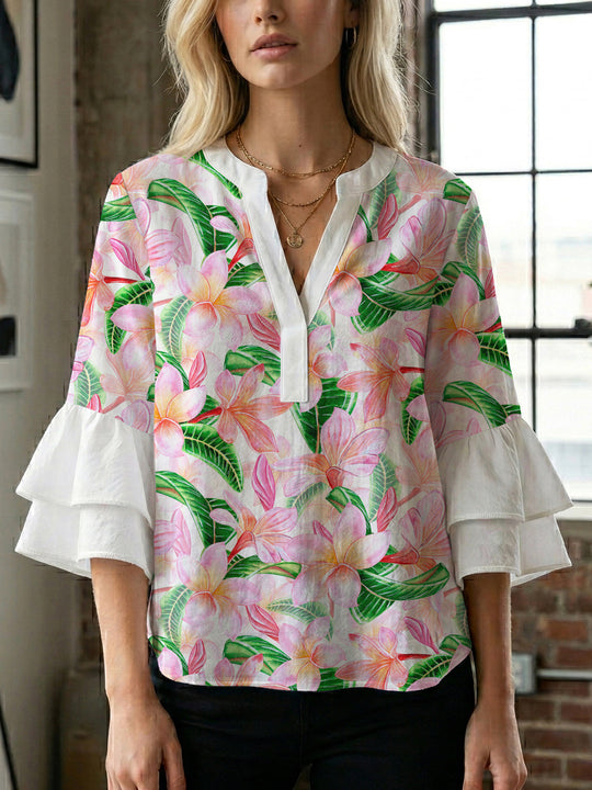 Damen Bluse mit voluminösen Rüschenärmeln und floralem Muster R&B