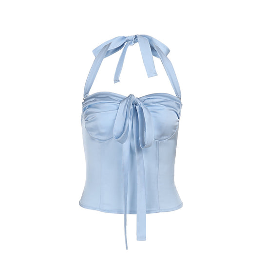 Damen Satin-Oberteil mit verspieltem Rüschendetail und dekorativem Bindeband R&B