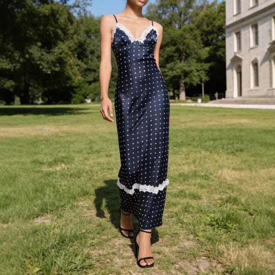 Damen Satin Nachthemd mit Spitzenapplikationen und Polka-Dots R&B