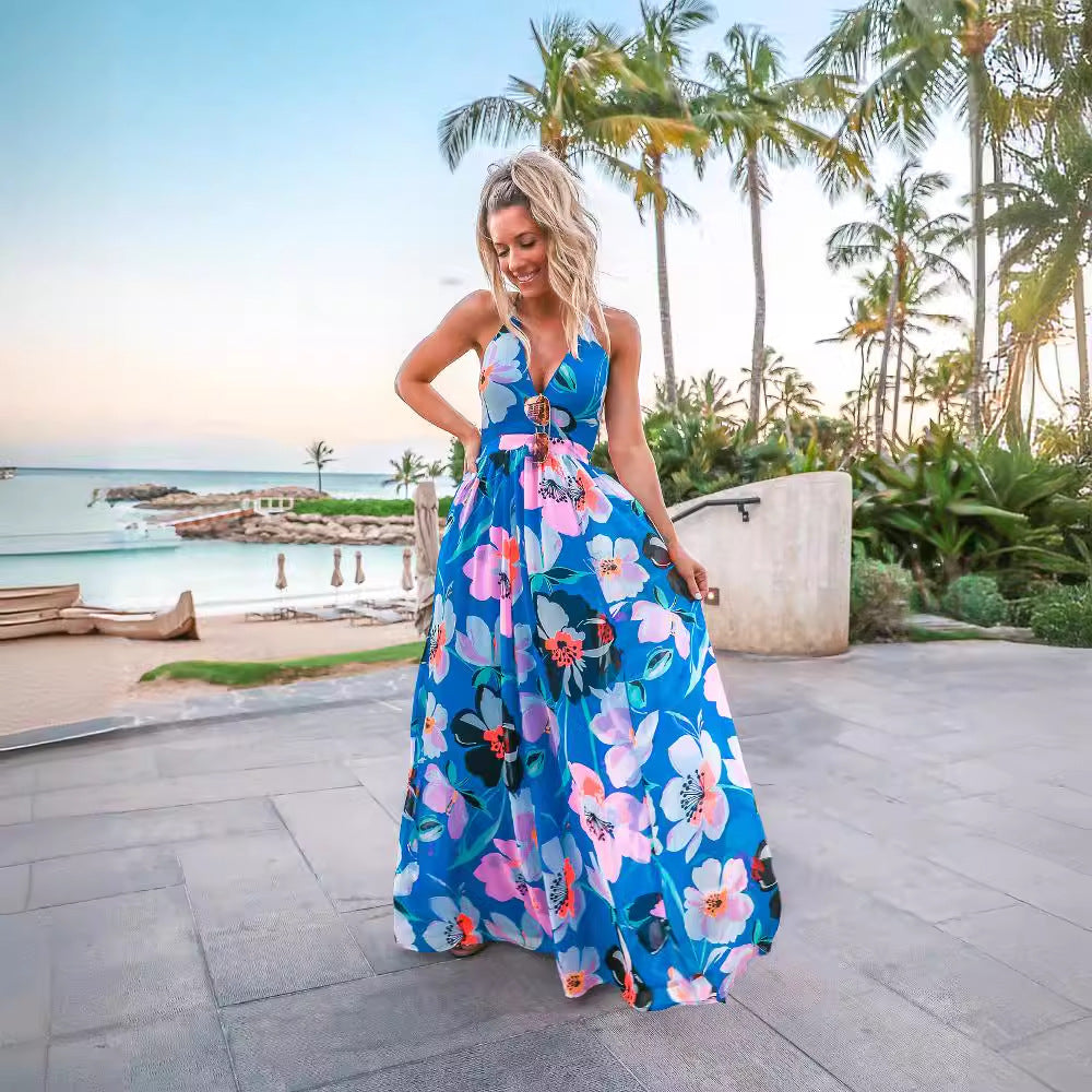 Damen Maxi-Kleid mit tiefem V-Ausschnitt und floralen Details R&B