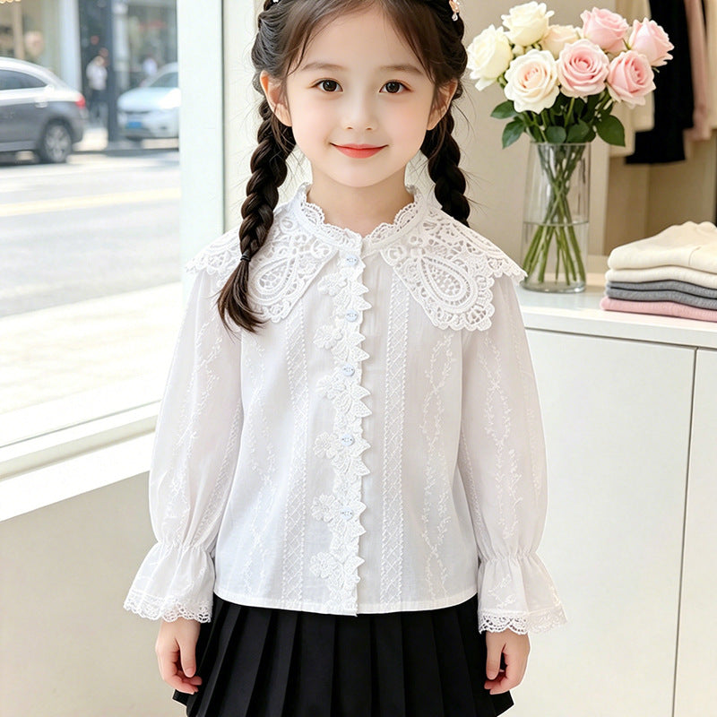 Mädchen elegante Bluse mit Rüschenkragen und Spitzenakzenten R&B