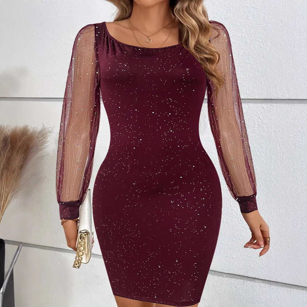 Damen figurbetontes Abendkleid mit transparenten Ärmeln und glitzernden Akzenten R&B