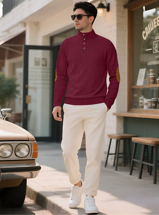 Herren nan edler Knopfsweater im Zopfmuster mit hohem Stehkragen und Wildleder-Ellenbogenpatches R&B