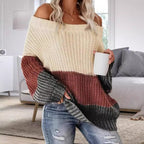 Damen Lässiger Overzise-Strickpullover mit Off-Shoulder-Ausschnitt und angesagtem Farbblockdesign R&B
