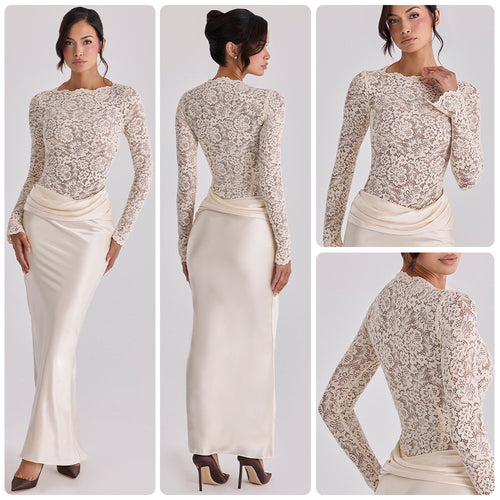 Damen Elegante Spitzenbluse mit fließendem Satinrock R&B