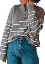 Damen lässiger Pullover mit kurzem Reißverschluss und Streifenmuster R&B