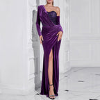 Damen Samt Abendkleid mit asymmetrischem Ausschnitt und eleganter Drapierung R&B