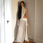 Damen elegantes Maxikleid mit durchscheinenden Ärmeln und seitlichem Schlitz R&B