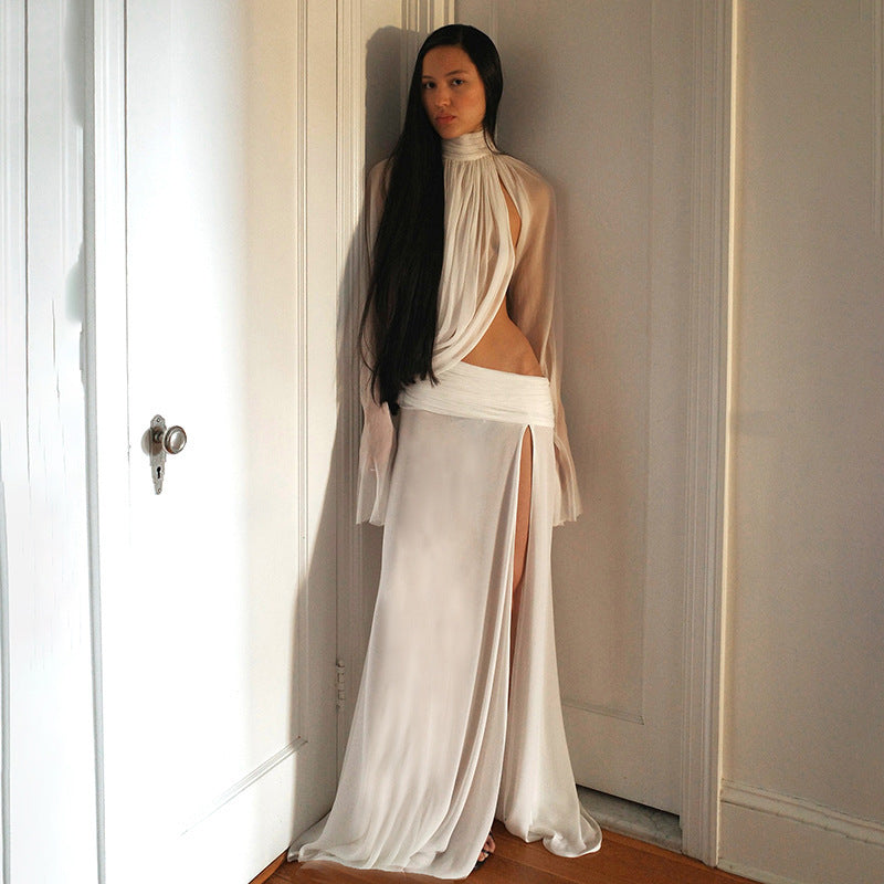 Damen elegantes Maxikleid mit durchscheinenden Ärmeln und seitlichem Schlitz R&B